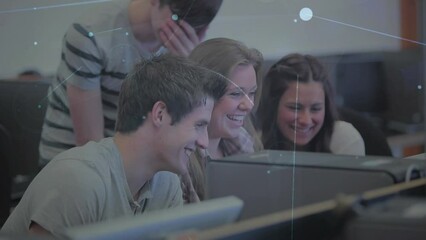 Poster - Animation of network of connections over group of students using computer and smiling at college