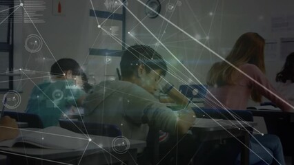 Poster - Animation of network of connections over group of diverse students studying in the class at school