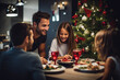 © marcin jucha - Happy family eating festive Christmas dinner with kids at home. Generative AI