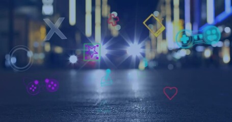 Poster - Animation of multiple video game icons floating against city traffic at night