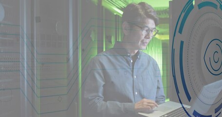 Poster - Animation of eye retina scanner against asian male engineer using laptop working at server room