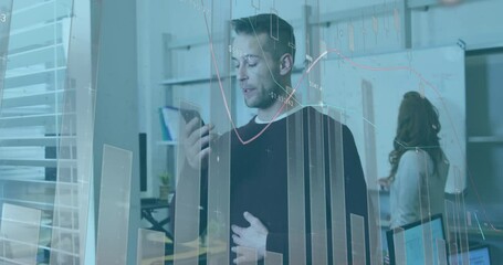 Poster - Animation of statistical data processing against caucasian man talking on smartphone at office
