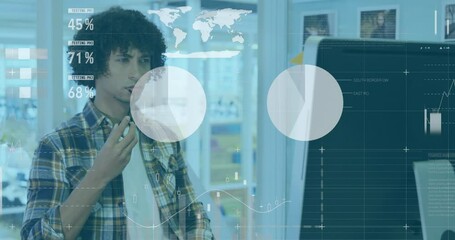 Poster - Animation of statistical data processing against thoughtful biracial man using computer at office