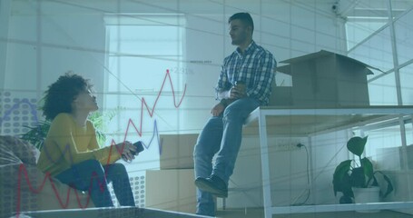 Poster - Animation of statistical data processing against biracial couple discussing at new home