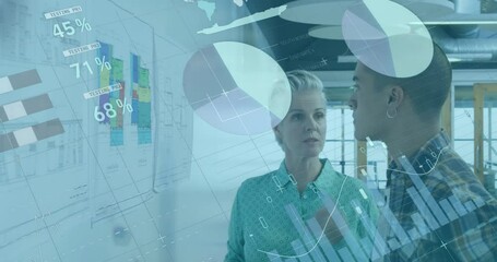 Poster - Animation of data processing against diverse man and woman discussing over memo notes at office