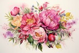 Colorful watercolor card featuring floral arrangements of peony, orchid, roses, and berries. Generative AI