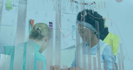 Aufkleber - Animation of data processing over two diverse female fashion designers discussing at studio