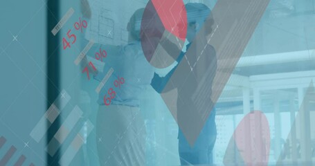 Aufkleber - Animation of statistical data processing over diverse man and woman discussing over a plan at office