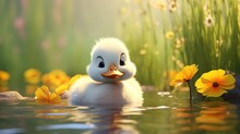 Cute Scene Of A Little Duck In Nature, Illustration In 3d Cartoon Style. Created With Generative Ai Technology.