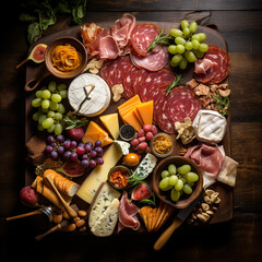  Charcuterie board of a variety of cheeses, meats and appetizers. Above view table scene on a dark wood background