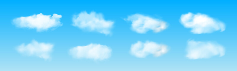 Wall Mural - set of transparent different clouds isolated on a blue background. fog, smoke, cloud, cloudiness, mi
