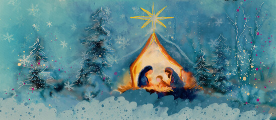 Nativity scene. Merry Christmas watercolor card