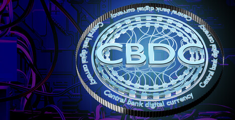 Poster - Central bank digital currency. CBDC coin. Electronic money. Blockchain economics. CBDC exchange for fiat. CBDC coin with wires on blue. Financial tech. Centralization cryptocurrencies. 3d image
