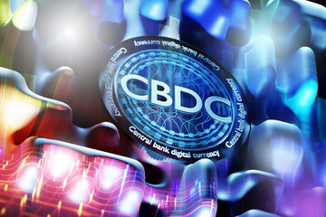 Poster - CBDC coin. Central bank digital currency. Introduction of information into financial market. CBDC technologies. Replacing fiat money with blockchain. CBDC exchange on crypto exchange. 3d image