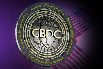 Poster - CBDC digital coin. Blockchain money. Central bank digital currency. CBDC logo with wires. Blockchain coin with microcircuit lines. CBDC for secure payments. Blockchain technology. 3d image