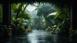 During monsoon season, tropical rain drenches abundant gardens with palm trees.