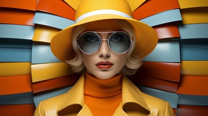 A stylish woman donning a bright yellow hat and sunglasses with cartoon-like goggles evokes a playful and eccentric vibe