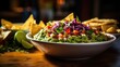Guacamole and Chips: A close-up shot of a bowl of creamy guacamole with colorful tortilla chips, showcasing the rich texture and vibrant colors.