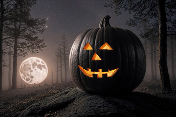 Wall Mural - pumpkin head glows in the dark forest at night, scary and mystical, Halloween concept, the moon shines through the fog, black silhouettes