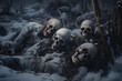 group of human skeletons laid on winter forest floor. Neural network generated image. Not based on any actual person, scene or pattern.