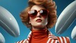 An animated woman donning vibrant red sunglasses, her clothing a colorful blend of cartoon-like patterns, confidently steps into the outdoor world, her eyewear statement of boldness and individuality