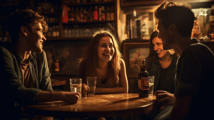 Wall Mural - copy space, stockphoto, students in a bar drinking beer or wine. Young adult people in a pub gathering together. Togetherness. Student life. Enjoyment of young adults in a cafe.