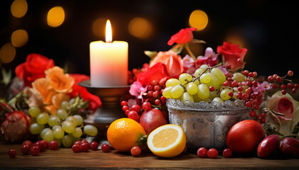 Incense stick burned in a pot of Fruit, buddhism pray
Chinese new year festival decorations. Woman hand holding pow or red packet, orange and gold ingots on a red background. Chinese characters FU mea