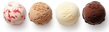Set Of Four Various Ice Cream Balls Or Scoops Isolated On White Background.