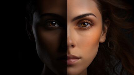 Wall Mural - a close-up portrait of a brown-eyed brunette divided into two parts, one well-lit, the other very dark, dark side and light side