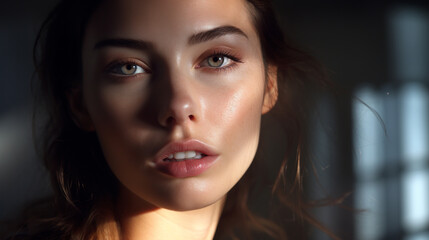 Wall Mural - beautiful portrait of the face of a beautiful brunette girl with expressive facial features with a slightly open mouth, plump lips and a piercing look, light from the side