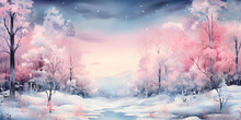 Enchanting Winter Wonderland Forest, Pastel Pink And Blue Watercolor Illustration