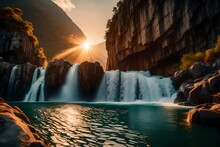 Extreme View, Of A Waterfall, Falling From The Mountains, Boat In The Water, Sunset View, Rocks Around The Water, Beautiful Nature View