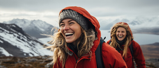 Canvas Print - group of friends hiking in winter