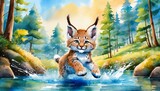 Fototapeta Dziecięca - Cute Baby Lynx Illustration in Children's Book Style, Watercolor Effect