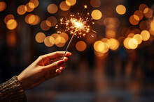A Sparkler Burns And Sparkles In A Woman's Hand Against A Dark, Out-of-focus Bokeh Background. The Generation