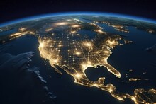 USA From Space At Night With City Lights