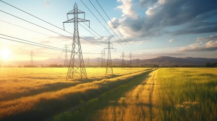 Wall Mural - a straight row of high voltage pylons in the midst of a vast rural landscape, highlighting the long-reaching power lines disappearing into the horizon.