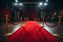 Red Carpet With Golden Barriers And Red Ropes. Marking The Route For Celebrities, Heads Of State On Ceremonial Events, Formal Occasions. Red Carpet Entry, A Way To Success, VIP Persons Party Entrance