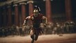 Generative AI, Realistic illustration of a fierce gladiator attacking, running. Armoured roman gladiator in combat wielding a sword charging towards his enemy.	
