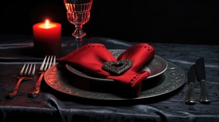 Poster - Table setting for romantic dinner in restaurant. AI Generated