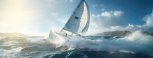 A Yacht Surging Through The Waves, Wind Billowing Its Sails, As The Crew Embarks On An Exhilarating Ocean Adventure In A Remote And Pristine Setting.