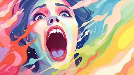 A drawing of a beautiful woman screaming. Dramatic moment.  Bright illustration for design.