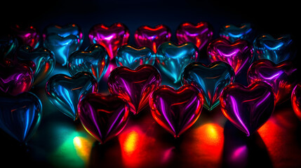 Many hearts that exhibit a shiny, metallic, and neon appearance, with strong contrast, repetition, alignment, and proximity