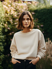 Woman female in a crewneck sweatshirt mockup standing in front of a garden 