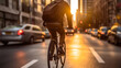 Close up of sporty cyclist in activewear using black bike for morning training outdoors. Caucasian sportsman spending free time for cycling on city street