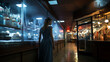 Woman walks through dark retail space