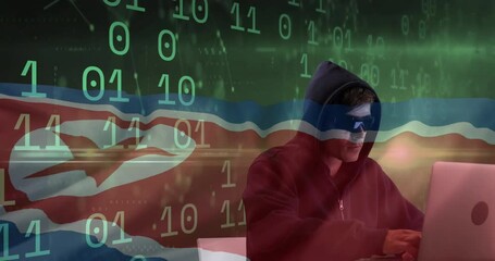 Poster - Animation of binary coding with hacker over flag of north korea