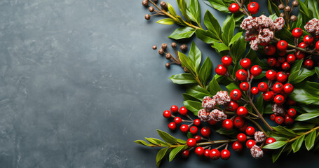 Wall Mural - christmas background with holly berries and leaves, closeup, top view