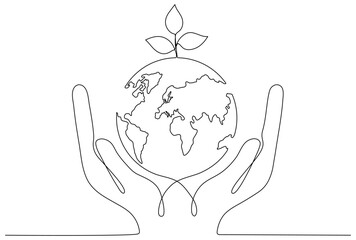 Poster - Human hands holding Earth globe with leaves continuous line drawn. Linear world map with plant. Save Planet concept. World environment day symbol. Vector illustration isolated on white.