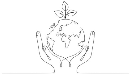 Poster - Human hands holding Earth globe with leaves continuous line drawn. Linear world map with plant. Save Planet concept. World environment day symbol. Vector illustration isolated on white.